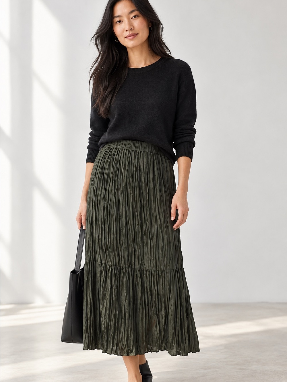 Eileen Fisher Crushed Silk Habutai Tiered Midi Skirt Olive Green Sz Small